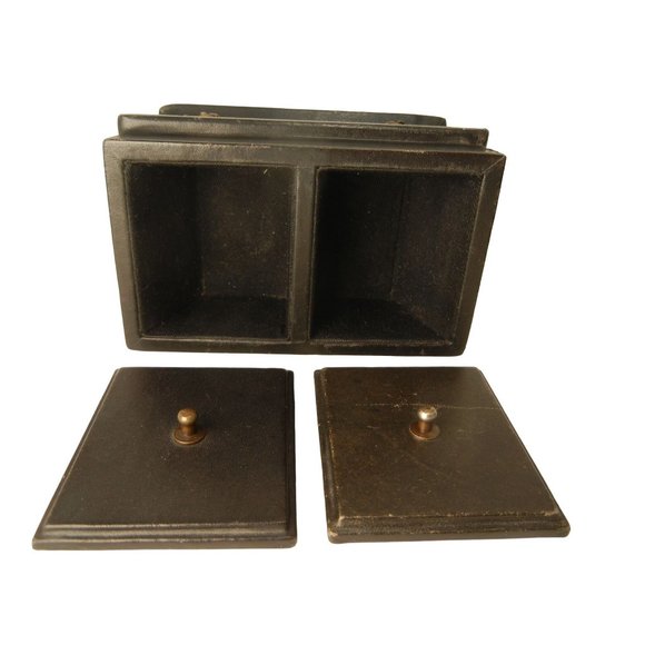 Leather Desk set, Black desk set, vintage India Made, 4 pc. with lids - Picture 5 of 10